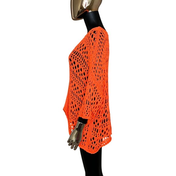 Cecile Wang France Bright Orange Crochet Knit Sweater Made in Italy, Boho Resort - Picture 4 of 9